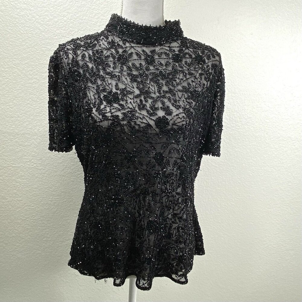 Marina by Marina Bresler Top Black Sz XL Beaded Open Back Sheer  Corporate Goth